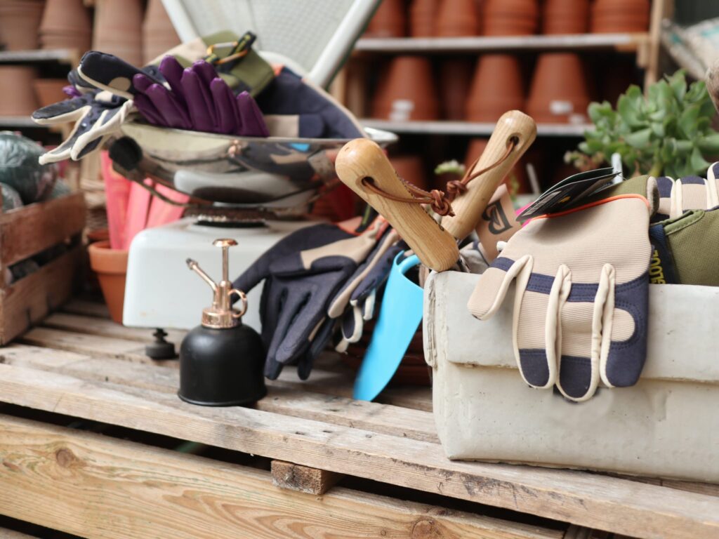 Image of gardening gloves and other tools.