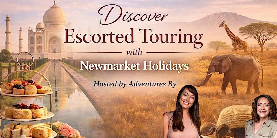 Montage of exotic destinations, also featuring an afternoon tea cake stand with an image of Emma and Elle from Adventures By.